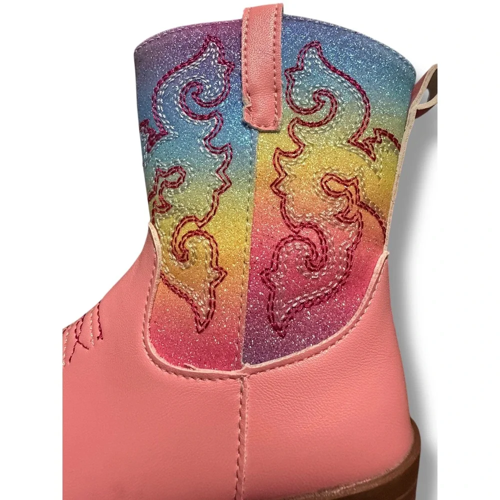 NIB Kids Pink Rainbow Glitter Cowboy Boots Side Zip Western Toddler Sz 7.5